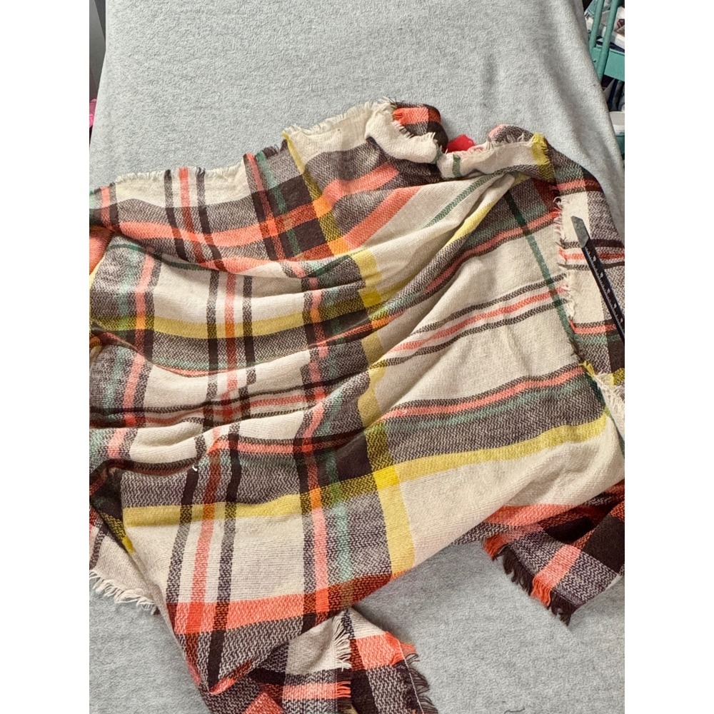 Oversized Plaid Blanket Scarf Orange Yellow Cream Frayed Edge Shawl Wrap